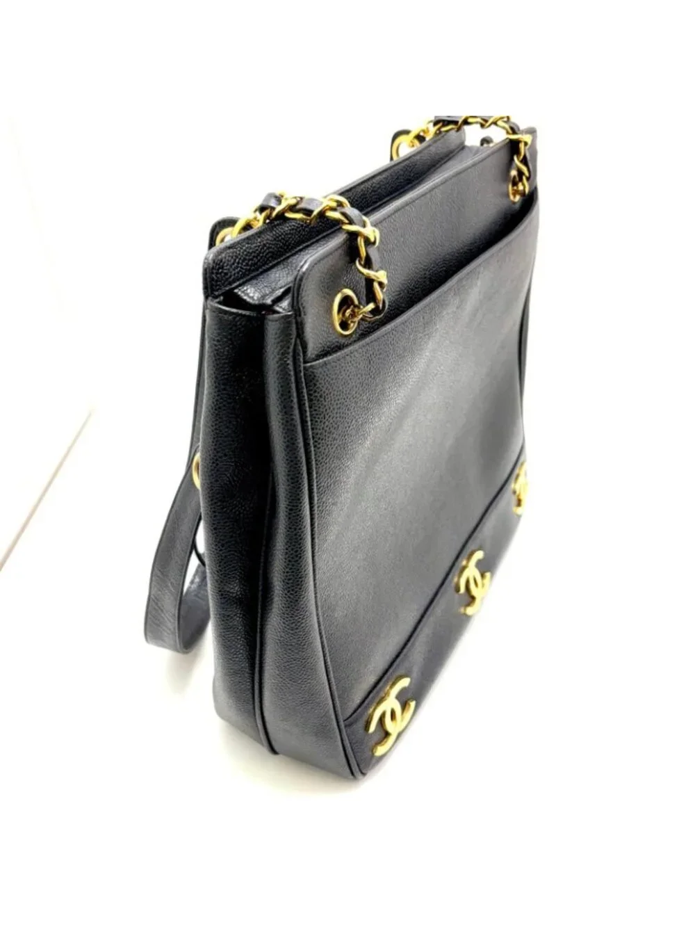 Chanel Triple Coco Chain Shoulder Tote Bag Black Caviar